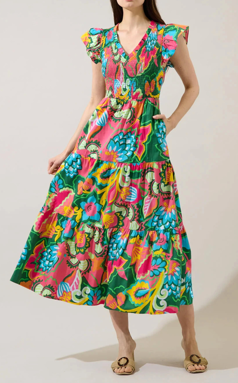 Sugarlips Smocked Bodice Tiered Midi Dress 100% Cotton Floral Women Size X-Small